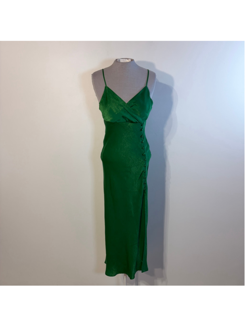 ZARA Green Satin Midi Slip Dress Side Slit Covered Buttons V-Neck Women’s Small
